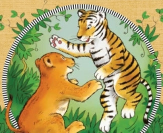 Löwenjunges und Tigerjunges spielen, gemalt